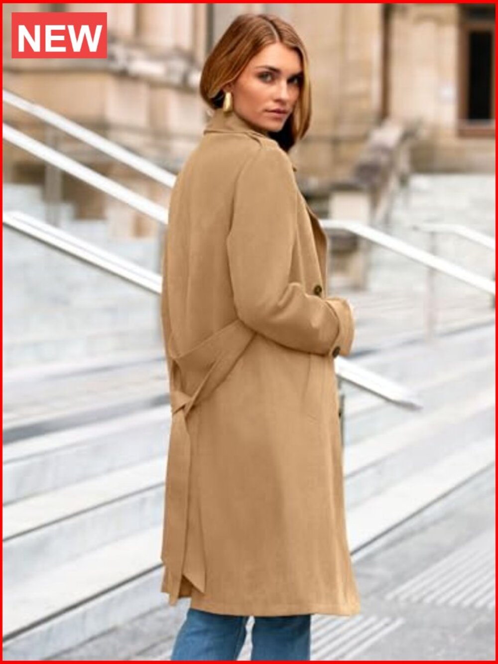 Faux Suede Double Breasted Trench Coat with Belt - Picture 5 of 7
